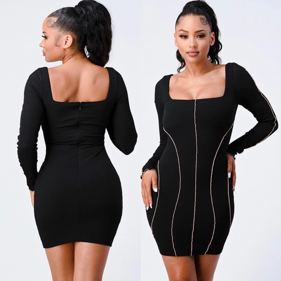 Elegant Black Long Sleeve Seam Detail Dress - Picture 2 of 6